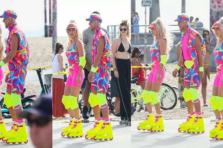 Kolase foto Margot Robbie dan Ryan Gosling Bermain Rollerblade Berwarna Neon, di lokasi syuting Film 'Barbie' (Akun Twitter @mrbrphotos)