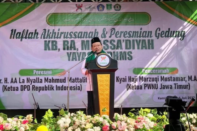 Ketua DPD RI AA LaNyalla Mahmud Mattalitti menghadiri Haflah Akhirussanah dan Peresmian Gedung Yayasan DHMS, Lamongan, Jawa Timur, Jumat (1/7/2022). (Istimewa) 