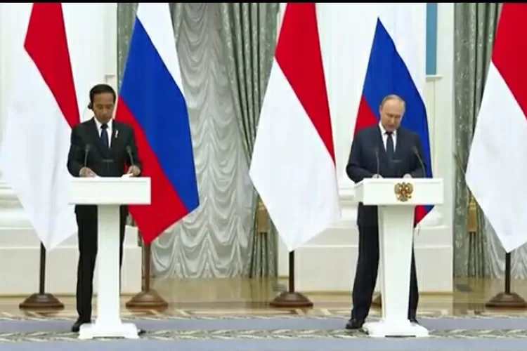 Presiden Jokowi dan Presiden Putin menggelar jumpa pers bersama. (Tangkapan layar Youtube)