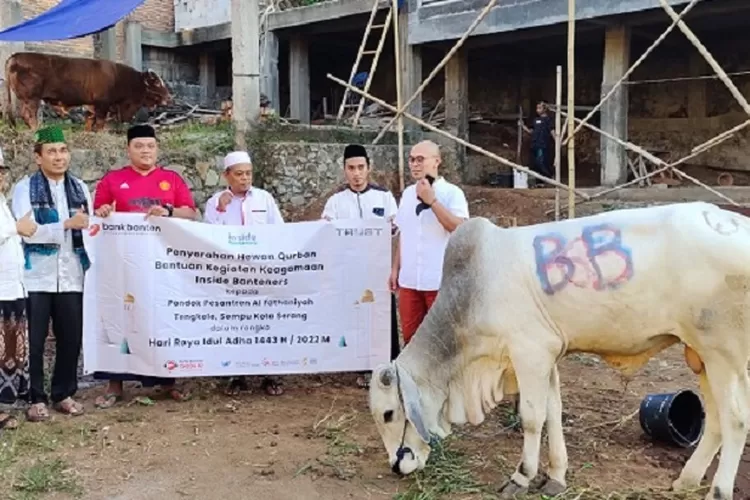 Penyerahan Hewan Kurban 1 Ekor Sapi dari Dirut Bank Banten kepada Pimpinan Ponpes Al Fataniyah KH Matin Syarkowi (foto: Lingkar Media Network)