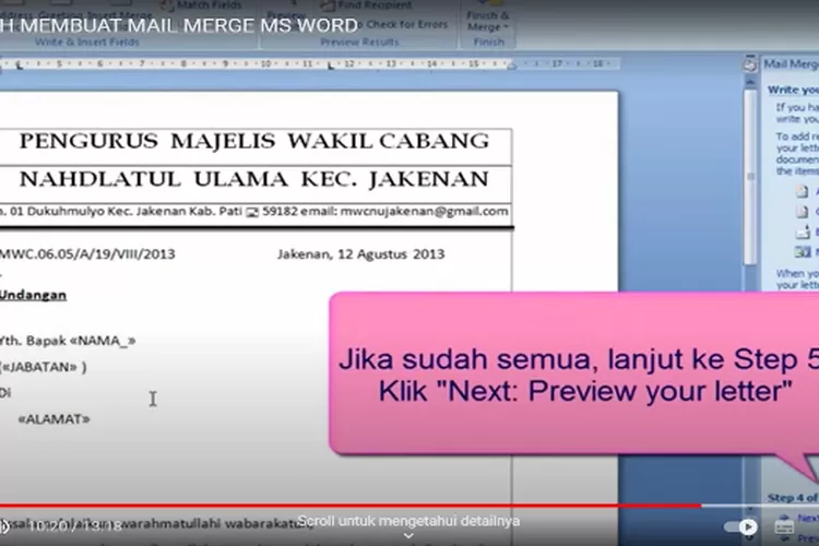 Cara Praktis Membuat Mail Merge Di Microsoft Word (Tangkapan Layar YouTube @MegaAlmoon)