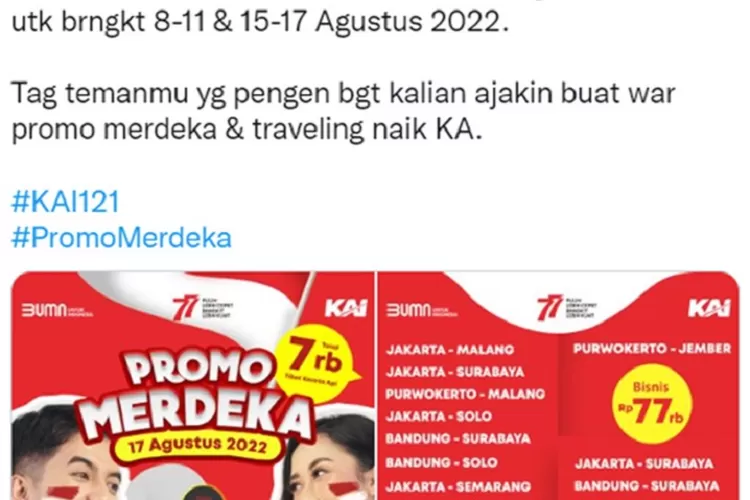 Menyambut HUT RI Ke-77, PT. KAI Hadirkan Promo Merdeka Mulai Dari Rp17 ...