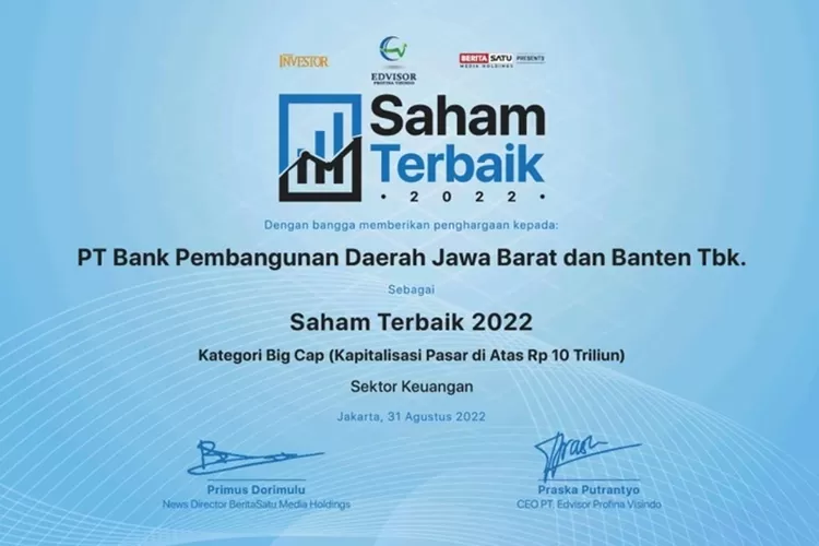 bank bjb meraih Penghargaan Saham Terbaik 2022 dari Majalah Investor. (dok)