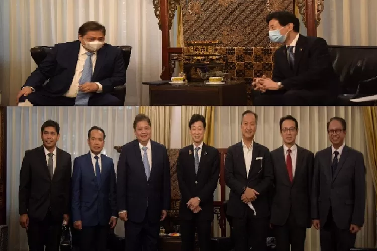 Menko Perekonomian Airlangga Hartarto menerima kunjungn Menteri METI Jepang yang baru Nishimura Yasutoshi bersama rombongan (Kemenko Perekonomian)