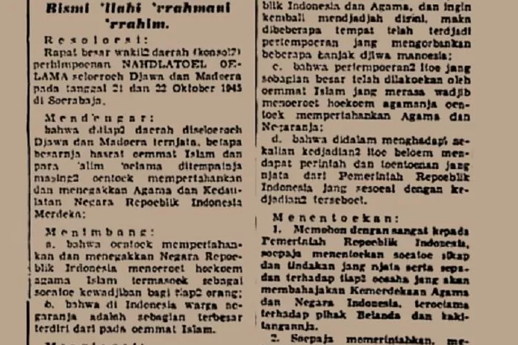 Inilah Teks Resolusi Jihad dan Sejarah Hari Nasional Santri 22 Oktober 1945. (Dok.Tebuireng.online)