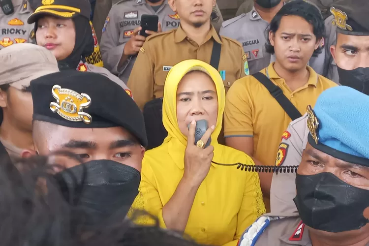 Wakil Ketua DPRD Subang dari Fraksi Golkar, Elita Budiarti saat menerima pendemo dari HMI, Senin 19 September 2022. (Ahya)