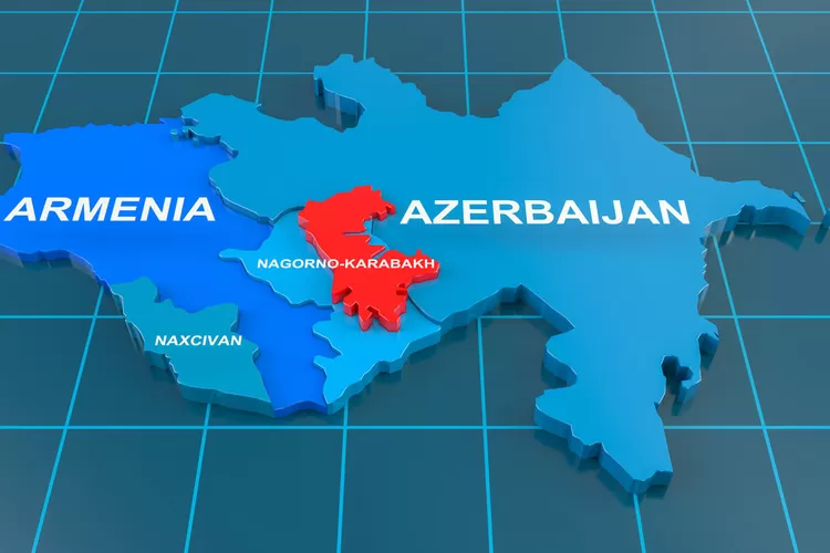Armenia-Azerbaijan conflict in Nagorno-Karabakh on 3d geographic map. 3d rendering (Kutsal Lenger)