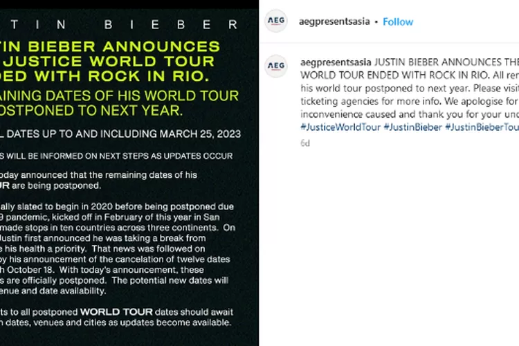 Pengumuman resmi ditundanya konser Justin Bieber Justice World Tour 2022. ( Instagram.com @aegpresentsasia)