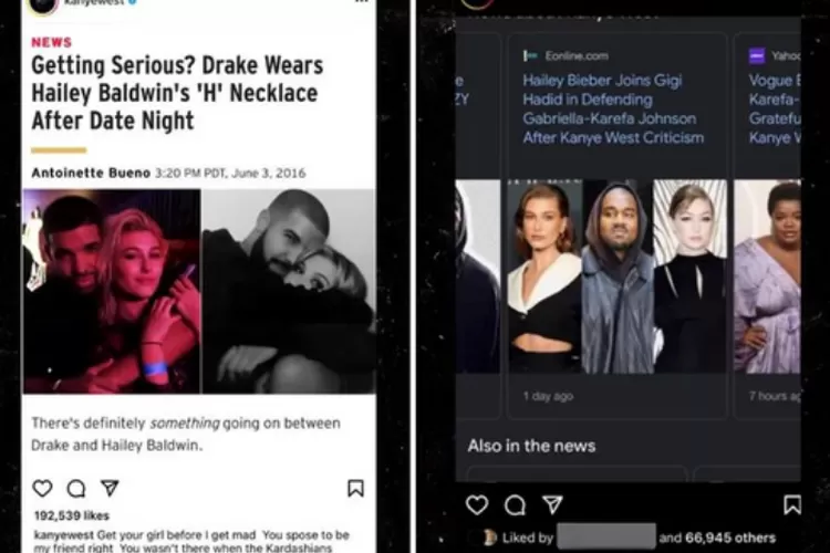 Postingan Instagram Kanye West yang menyudutkan istri Justin Bieber, Hailey Bieber. (elle.com)