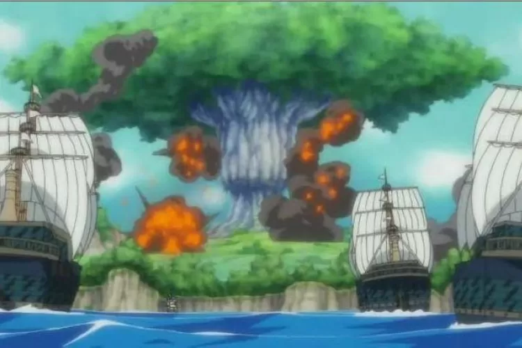 Pulau Ohara saat diserang oleh pemerintah dunia menggunakan Buster Call