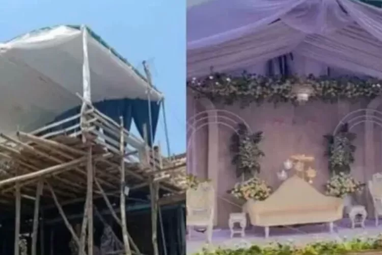 Unik dan menarik. Pelaminan ini didirikan sejajar dengan atap rumah tetangga 