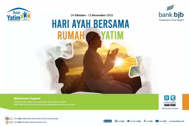 Kolaborasi Bersama Rumah Yatim, bank bjb Peringati Hari Ayah Nasional 2022  BANDUNG -- Sebagai wujud kepedulian terhadap masa depan anak-anak asuh, bank bjb memperingati Hari Ayah Nasional 2022 berkolaborasi dengan Rumah Yatim. Acara tersebut mempertemukan anak asuh dengan para donaturnya dalam suas