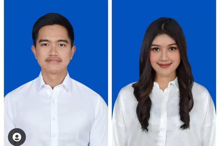 Pas poto berlatar biru Kaesang dan Erina. Untuk buku nikah?