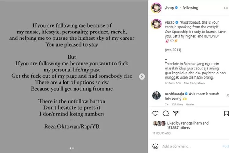 Unggahan Reza Arap yang murka pada netizen karena ikut campur masalah dirinya.