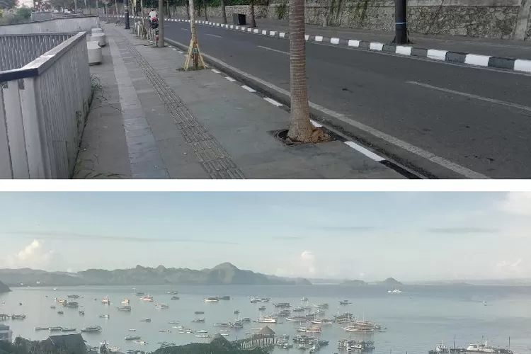 Kolase foto jalan utama di Puncak Waringin dan pemandangan Waterfront city di pagi hari dari Puncak Waringin Labuan Bajo. Setelah KTT ke-42 ASEAN, lebih dari 10 hotel baru standar internasional bangun di Labuan Bajo. (Foto: Feliks Janggu )