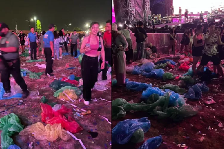 Sampah jas hujan plastik berserakan di konser HITC Jakarta ( twitter @cudble)