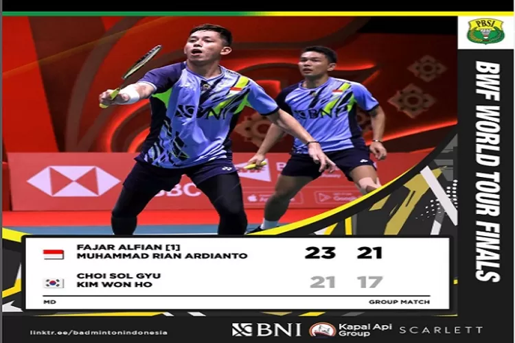 Fajar Alfian/Muhammad Rian Kalahkan Ganda Putra Korea di BWF World Tour Finals 2022 Babak Penyisihan Grup Hari Pertama ( www.instagram.com/@badminton.ina)