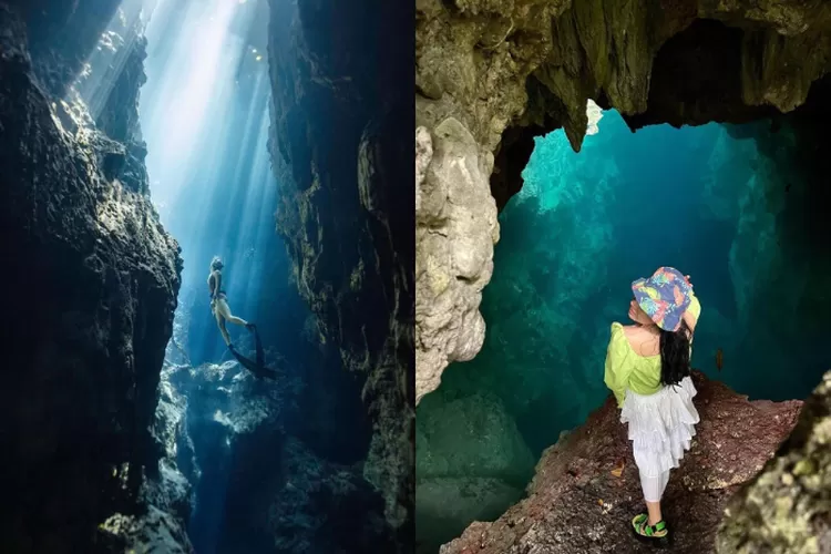 Menyelam di wisata sekaligus hidden gem Goa Halo Tabung Kalimantan (Instagram @goahalotabung)