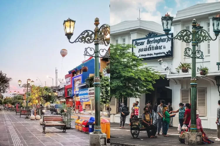 Kawasan Malioboro (kiri), Pasar Beringharjo (kanan), rekomendasi pusat oleh oleh terkenal di Jogja saat liburan (Instagram @wisatamalioboro)