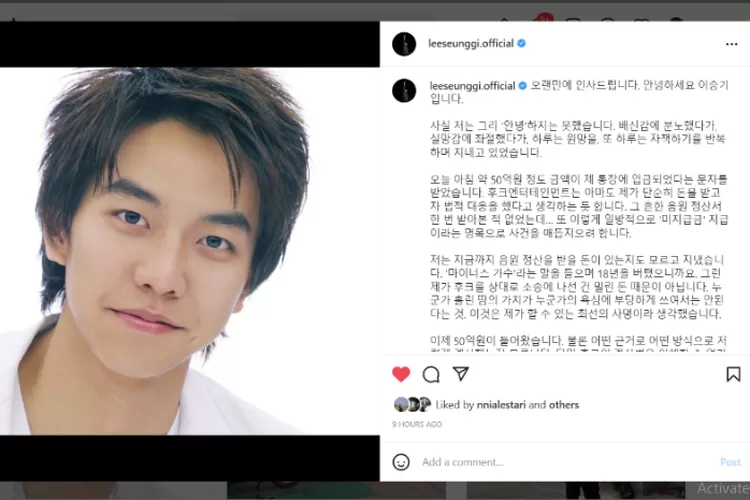 Melalui akun Instagramnya, Lee Seung Gi akhirnya angkat bicara tentang konflik nya dengan Hook Entertainment (Instagram @leeseunggi.official)