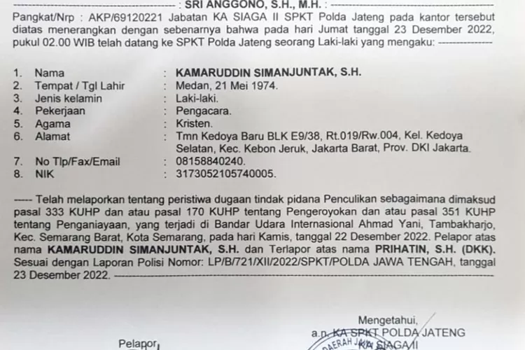 Surat Laporan Polisi dengan pelapor Kamarudin Simanjuntak mewakili AH dengan terlapor oknum Kejati di Jateng  (istimewa )