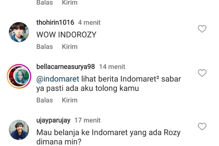 Kolom komentar IG Indomaret yang dipenuhi komentar Rozy karyawan yang selingkuh dengan mertua. (Akun Instagram @indomaret)