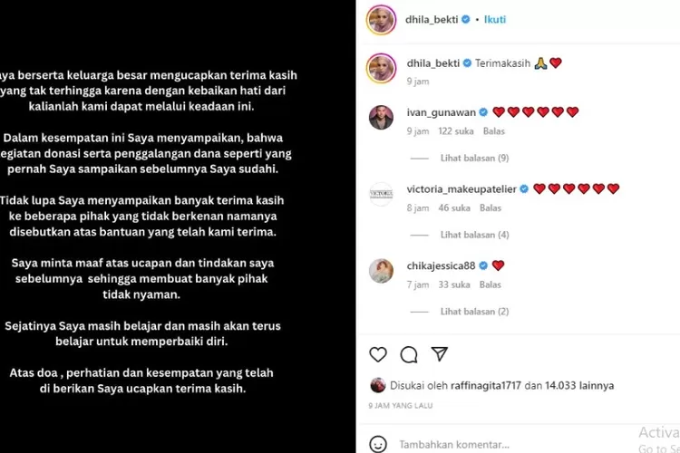 Penggalangan yang dilakukan Aldila Jelita untuk pengobatan Indra Bekti tuai pro kontra. (Instagram @dhila_bekti)