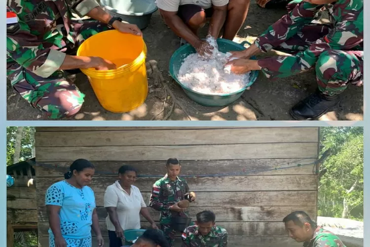 Ciptakan masyarakat mandiri, Satgas Yonarmed 1 Kostrad ajarkan cara buat minyak kelapa. Foto: Pen Satgas Yonarmed 1 Kostrad