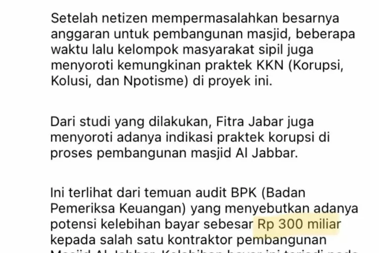 Tangkapan layar berita tentang pembangunan Masjid Al Jabbar Kota Bandung yang dimuat Koran Gala, kemudian diunggah kembali oleh Ridwan Kamil di akun Instagramnya. 