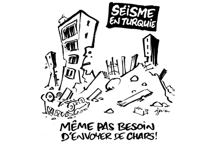 Gambar Kartun Charlie Hebdo yang menghina korban bencana gempa Turki (Middle East Eye)