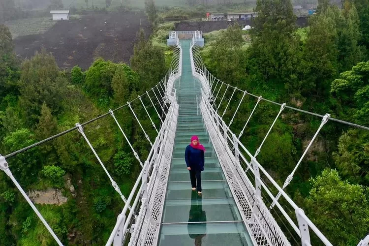 Khofifah Indar Parawansa saat mencoba melintasi Jembatan Kaca Bromo (Instagram: @khofifah.ip)