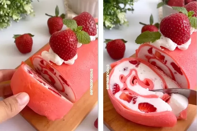 Rsep membuat Stroberi Towel Cake, cocok untuk menu takjil buka puasa di bulan Ramadhan 2023 (Instagram @reseep_kueeFoto)