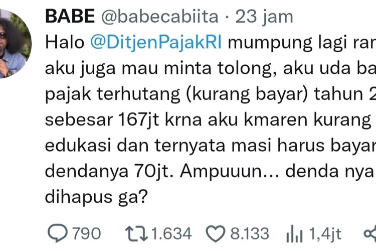 Stand Up Comedian Babe Cabita meminta agar denda pajak yang diterimanya dihapus oleh Ditjen Pajak. (Twitter.com/@babecabiita)