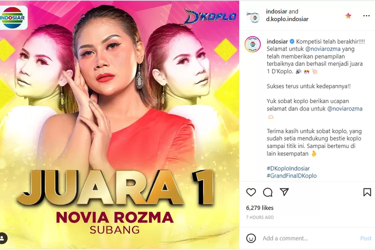 Novia Rozma Juara Pertama D koplo Indosiar ( screenshot dari Instagram Indosiar)