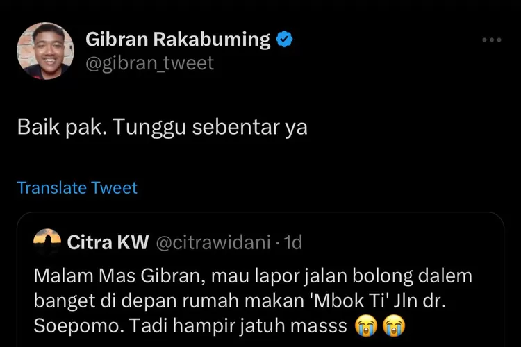 Gibran Wali Kota Solo Tanggapi Laporan Warga di Twitter Terkait Jalan Berlubang, Netizen: Enak Bener... (Tangkapan layar Twitter)