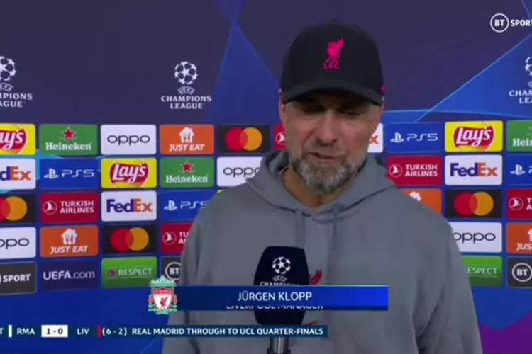 Pelatih Jurgen Kloop menjelaskan dan menganalogikan kekalahan Liverpool dari Real Madrid usai pertandingan babak 16 besar leg ke 2 Liga Champions 2022/2023 dalam wawancara oleh reporter BT Sport. (YouTube BT Sport)