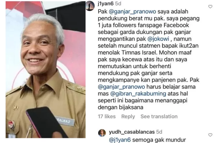 Netizen Ancam Tarik Dukungan ke Ganjar (Instagram/@j1yan6)