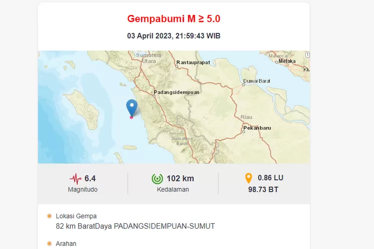 Gempa berkekuatan Magnitudo 6,4 di Padang Sidempuan, Sumatera Utara (BMKG)