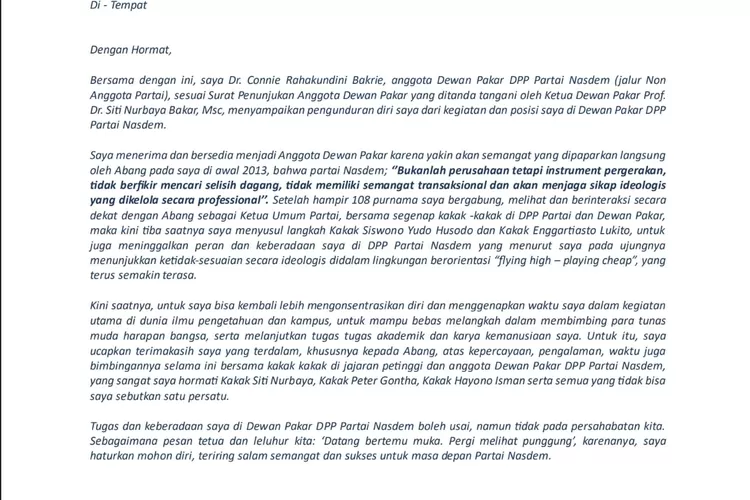 surat cinta pengunduran diri Connie Rahakundini  sebagai dewan pakar Nasdem kepada Surya Paloh (istimewa)