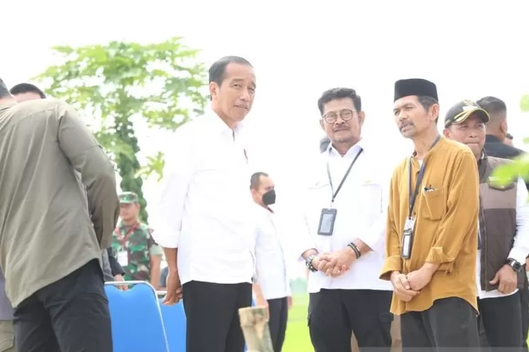 Presiden Jokowi melakukan tanam padi bersama Menteri Pertanian Syahrul Yasin Limpo di Kabupaten Tuban, Jawa Timur, Kamis (6/4/2023).  (ANTARA/HO-Kementerian Pertanian)