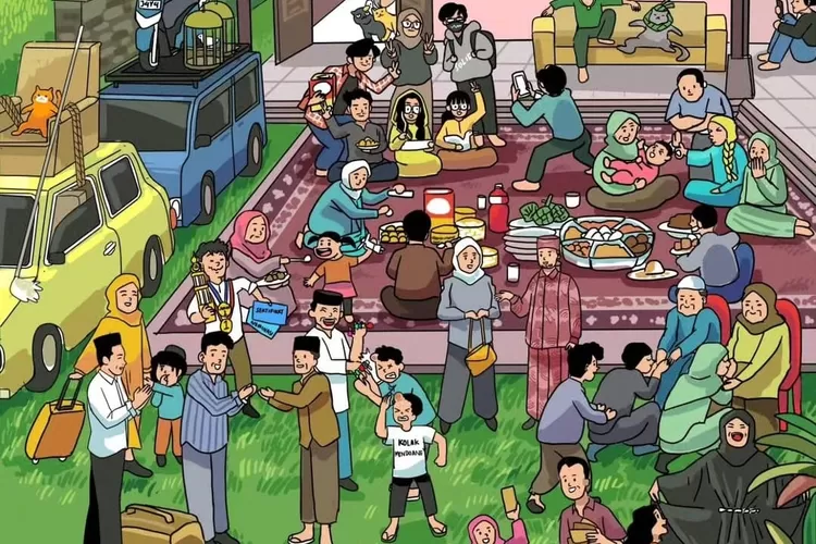 Poster ucapan Selamat Hari Raya Idul Fitri dari Presiden Jokowi diramaikan oleh kucing oyen dan kucing-kucing lain.