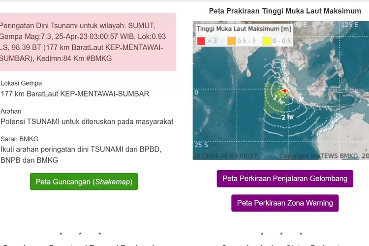 Peringatan dini tsunami usai gempa berkekuatan M7,3 Mentawai, Selasa 25 April 2023yang dikeluarkan BMKG (BMKG)