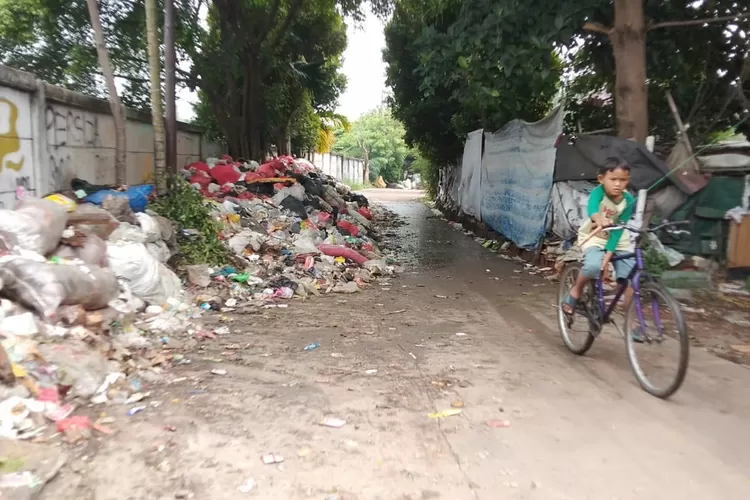 Tumpukan sampah dipinggir jalan yang berada di jalan Pendamping Tol, RW7, Kelurahan Cisalak, Kecamatan Sukmajaya.