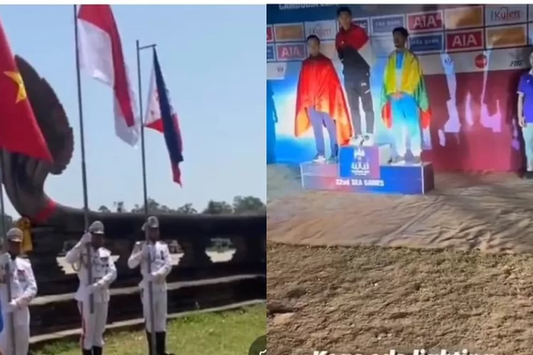 Keunikan SEA GAMES 2023 Kamboja, pakai tiang bendera manusia dan sorotan lampu mobil sebagai penerangan/ Kolase Twitter @selebtwit3r @/ Twitter @Ant9493 (JAKARTA INSIDER)