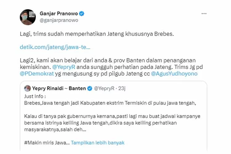 Gubernur Jawa Tengah Ganjar Pranowo Bawa Nama AHY Saat Tanggapi Kritikan Kader Demokrat (twitter.com/ganjarpranowo)