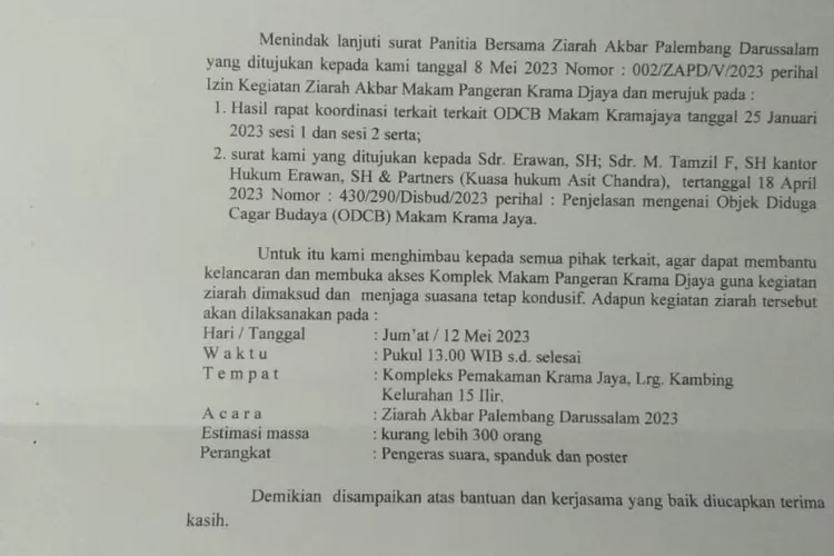 Kadisbud Palembang menyurati Asit Candra, warga yang  menutup akses Kompleks Pemakaman Pangeran Kramo Jayo terkait ziarah akbar warga Palembang dan zuriat kesultanan Palembang.  (istimewa)