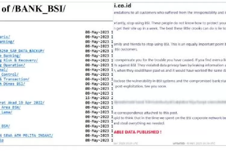 LockBit mempublikasikan semua data yang dicuri dari Bank Syariah Indonesia (BSI) di dark web (Twitter @darktracer_int)