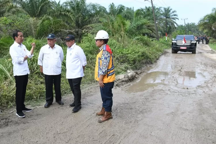 Presiden Jokowi didampingi Menteri PUPR meninjau jalan rusak di Labuhan Batu Sumut.
