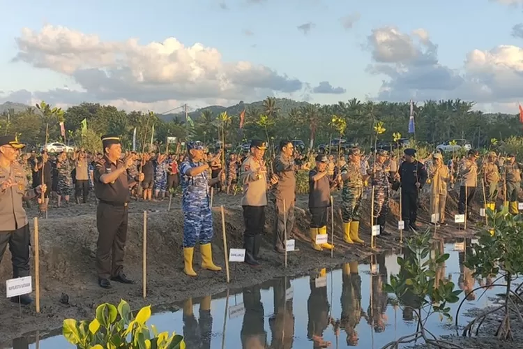 Penanaman Mangrove nasional bersama Kapolda NTB dan danrem 162 WB di Sekotong, Lombok Barat (Suara Karya/Hernawardi)