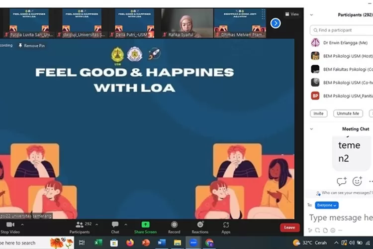 BEM Fakultas Psikologi USM Gelar Workshop Fell Good &amp; Happines With LOA Secara Daring.